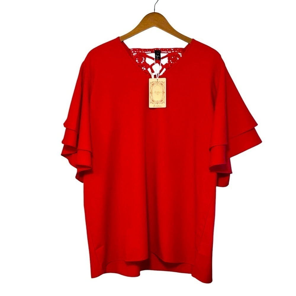 ST. JUBILEEN’S Double Ruffle Flounce Sleeve Back Lace Insert Popover Top  XXL